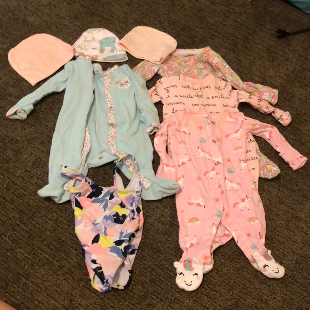 Newborn onesies, caps, bathing suit!